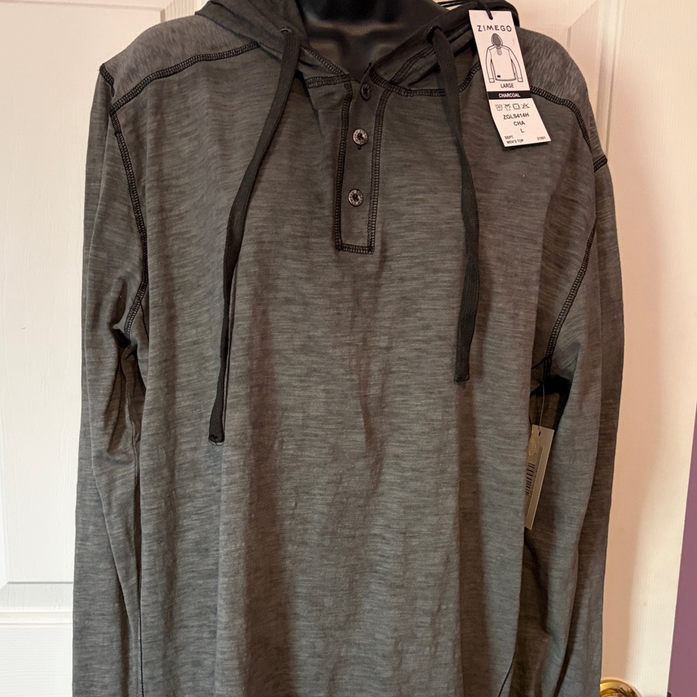 Zimego Men’s NWT charcoal gray Henley hoodie size Large